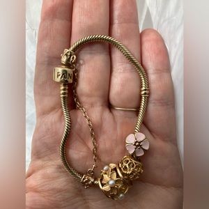 14K Gold Pandora 7.1 inch Snake Chain bracelet w/ 14K Safety Chain & Charms